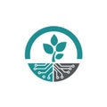 Circular logo featuring a stylized plant with three leaves in the upper half, colored teal, Royalty Free Stock Photo