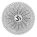 Circular mandala with Aum / Om / Ohm in center. Graphic drawing - leaf mandala - spiritual and ecology symbol. Royalty Free Stock Photo