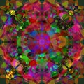 CIRCULAR MANDALA. KALEIDOSCOPE IMAGE. ABSTRACT BACKGROUND. BRIGHT PALLET IN FUCHSIA, RED, GREEN, YELLOW, BLUE