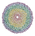 Circular mandala - 1000 leaves of 7 colors of the rainbow. Graphic drawing - leaf mandala - spiritual and ecology symbol.