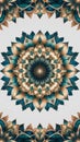 circular mandala with symmetrical, ornate floral patterns, featuring sharp, angular geometric shapes and fine