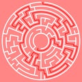 Circular maze with way from center to exit on turquoise blue background. Problem, confusion and solution concept. Flat design