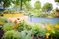 circular metal garden beds with blooming flora