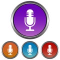 Circular, metallic, microphone white silhouette icon. Four color gradient variations