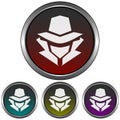 Circular, metallic mysterious man/hacker in a hat silhouette icon. Four color variations