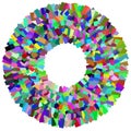 Circular mosaic element. Multicolor circle with scattered, random overlapping rectangles.