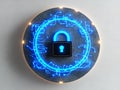 Circular neon blue cloud lock icon surrounded by glowing data lines, representing secure cloud networks, data encryption, and a