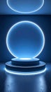 Circular Neon Light Stage With Pedestal In Dark Room Royalty Free Stock Photo