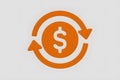 Circular orange icon with dollar sign, clockwise and counterclockwise arrows on white background