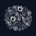 Circular ornament with fruit, vegetables, beans, greens. White on black illustration. Healthy food, veganism concepts