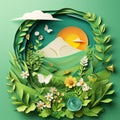 Circular paper cutout artwork of a spring scene with mountains, sun, and varied greenery Royalty Free Stock Photo