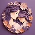 Circular paper sculpture with flowers of a lovingly embracing mother and daughter