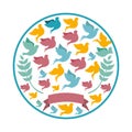 Circular pattern with colorful pigeons