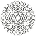 Circular pattern composition. Many smile icons. Repeating face outline. Vector doodle illustration. Royalty Free Stock Photo