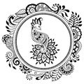 Circular pattern in form of mandala with bird template - Peacock for Henna, Mehndi, tattoo, decoration. Decorative ornament in