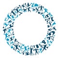 A circular pattern made of various blue silhouette icons depicting different sports and physical activities Royalty Free Stock Photo
