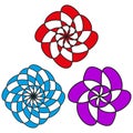 Circular pattern set. Abstract spiral shapes. Dynamic vivid elements. Vector radial design. Royalty Free Stock Photo