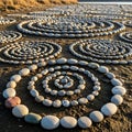 Circular patterns made from smooth, gray pebbles are arranged on sandy ground Royalty Free Stock Photo