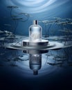 A circular platform floating above the reflective water, an advertising poster Royalty Free Stock Photo