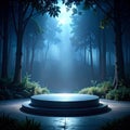 Circular Platform in a Mystical Forest with Blue Moonlight Spotlight Through Trees at Night Royalty Free Stock Photo