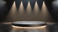 A circular podium with a glowing ring, illuminated by four spotlights on a dark background Royalty Free Stock Photo