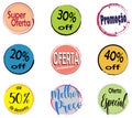 Circular promotional labels colorful. Portuguese: \