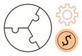 Circular puzzle, gear, and dollar coin highlighting teamwork, strategy, and financial solutions Royalty Free Stock Photo