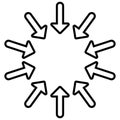 Circular, radial arrows for convergence, shrink, suction, merge concepts. Pointer design for collapse, squeeze themes Royalty Free Stock Photo