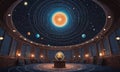 circular room with dome ceiling, illuminated by warm lighting, features large globe at its center, surrounded