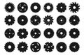 Circular saw blade icons. Silhouette of metal disc for woodwork. Round carpentry tool. Industrial rotary wheels