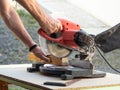 Circular Saw. Carpenter Using Circular Saw Royalty Free Stock Photo