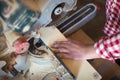 Circular Saw. Carpenter Using Circular Saw for wood, woodworking Royalty Free Stock Photo