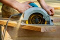 Circular saw carpenter using for wood beam Royalty Free Stock Photo