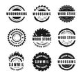 Circular saw logo. Metal blade for woodwork and carpentry silhouette badges. Sawmill and lumber house emblem. Woodworking rotating