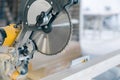 Circular saw in production. Large disc with sharp teeth