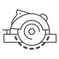 Circular saw with protective cover thin line icon, Safety engineering concept, sawmill sign on white background, Miter