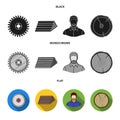 Circular saw, a working carpenter, a stack of logs. A sawmill and timber set collection icons in black, flat, monochrome Royalty Free Stock Photo