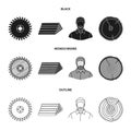 Circular saw, a working carpenter, a stack of logs. A sawmill and timber set collection icons in black,monochrome Royalty Free Stock Photo