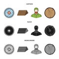 Circular saw, a working carpenter, a stack of logs. A sawmill and timber set collection icons in cartoon,black Royalty Free Stock Photo