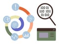 Data Analysis Concepts with Graphs, Metrics, Binary Code, and Magnifying Glass for Research Royalty Free Stock Photo