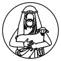 Circular shape with silhouette half body jesus carrying a sheep