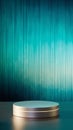 Circular silver podium with illuminated rim on reflective surface against teal gradient background platform Royalty Free Stock Photo