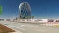 Circular skyscraper Aldar Headquarters Building timelapse hyperlapse in Abu Dhabi, UAE.