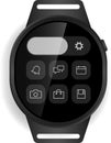 Circular Smartwatch Interface with App Grid and Minimalist Design