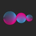 Circular spherical shapes logo from a grid of thin lines scientific technological symbol of three circles, round waves blue pink