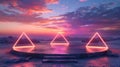A circular stage with three glowing pink triangle frames set against a dramatic sunset sky Royalty Free Stock Photo