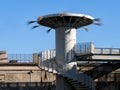 Circular staircase, outdoors. Fornovo di Taro, Italy. Modern architecture.