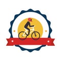 Circular stamp with bicycle and man cyclist