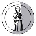 Circular sticker with silhouette of saint joseph with baby jesus