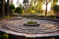 circular, stone-built labyrinth in a tranquil outdoor setting